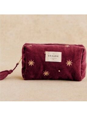 Sezane cosmic Burgundy Velvet Star-Embroidered Cosmetic Pouch